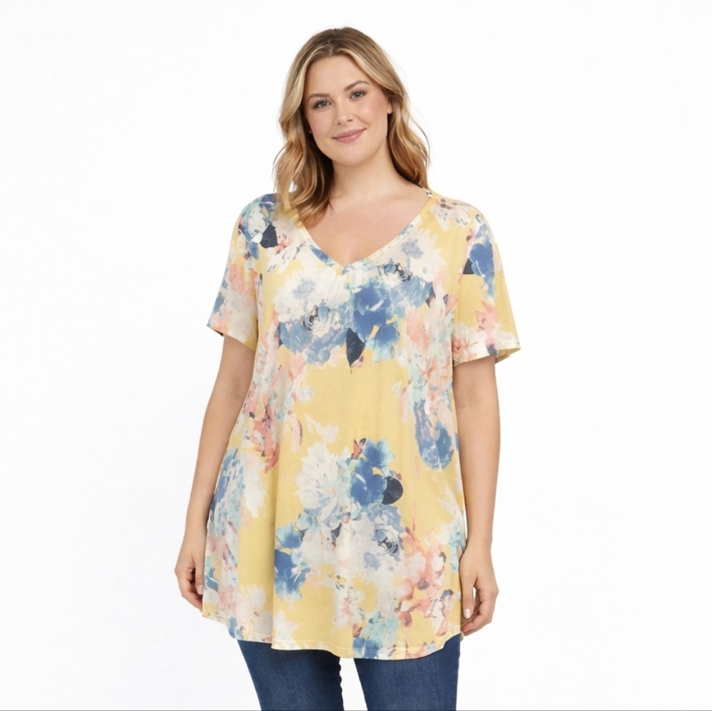Pink Coconut XL Yellow Blue Floral V-Neck Short Sleeve Tunic Top #1104